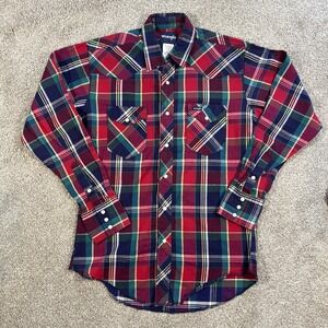 Wrangler Shirt Men L‎ Red Plaid Flannel Pearl Snap Western Rodeo Workwear
